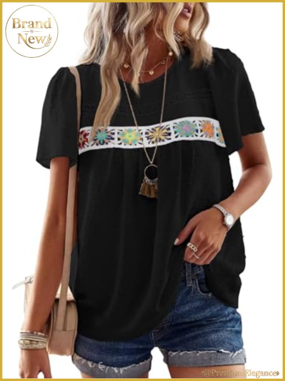 Boho Tunic Top for Women Flowy Short Sleeve Casual Lace Hem